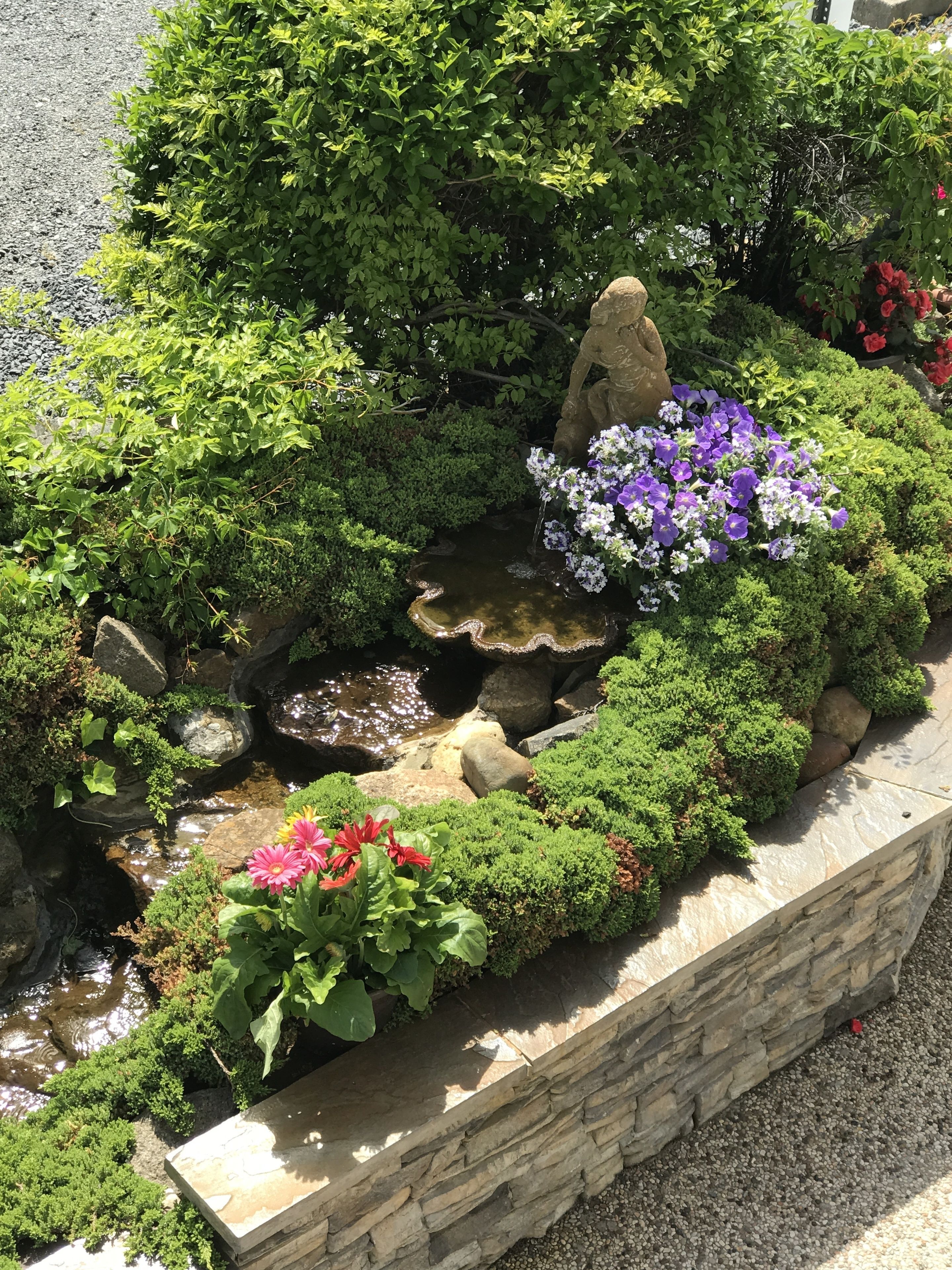 A garden with a stone retaining wall, a small pond with a waterfall, and various plants and flowers.