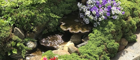 A garden with a stone retaining wall, a small pond with a waterfall, and various plants and flowers.