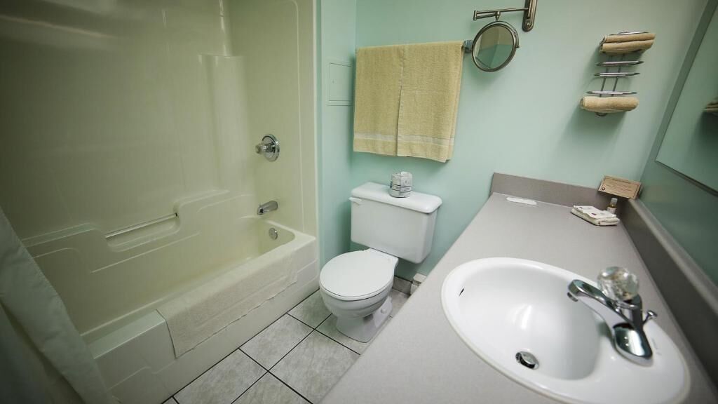 Combined shower/tub, free toiletries, towels