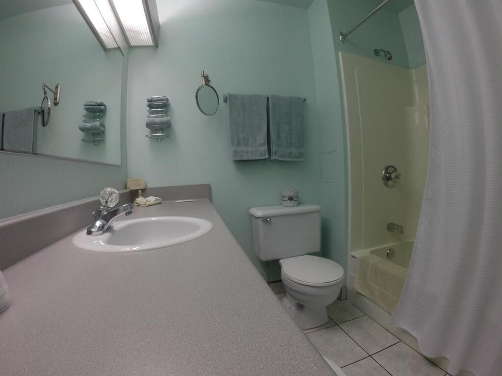 Combined shower/bathtub, free toiletries, towels