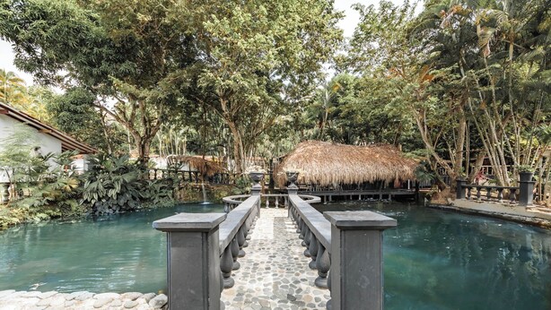 A pathway leading to a thatched-roof structure over a body of water, surrounded by dense foliage. - Hotel Quimbaya (San Jerónimo)