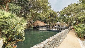 A serene garden with a pond, a stone pathway, and a thatched-roof structure. - Hotel Quimbaya (San Jerónimo)