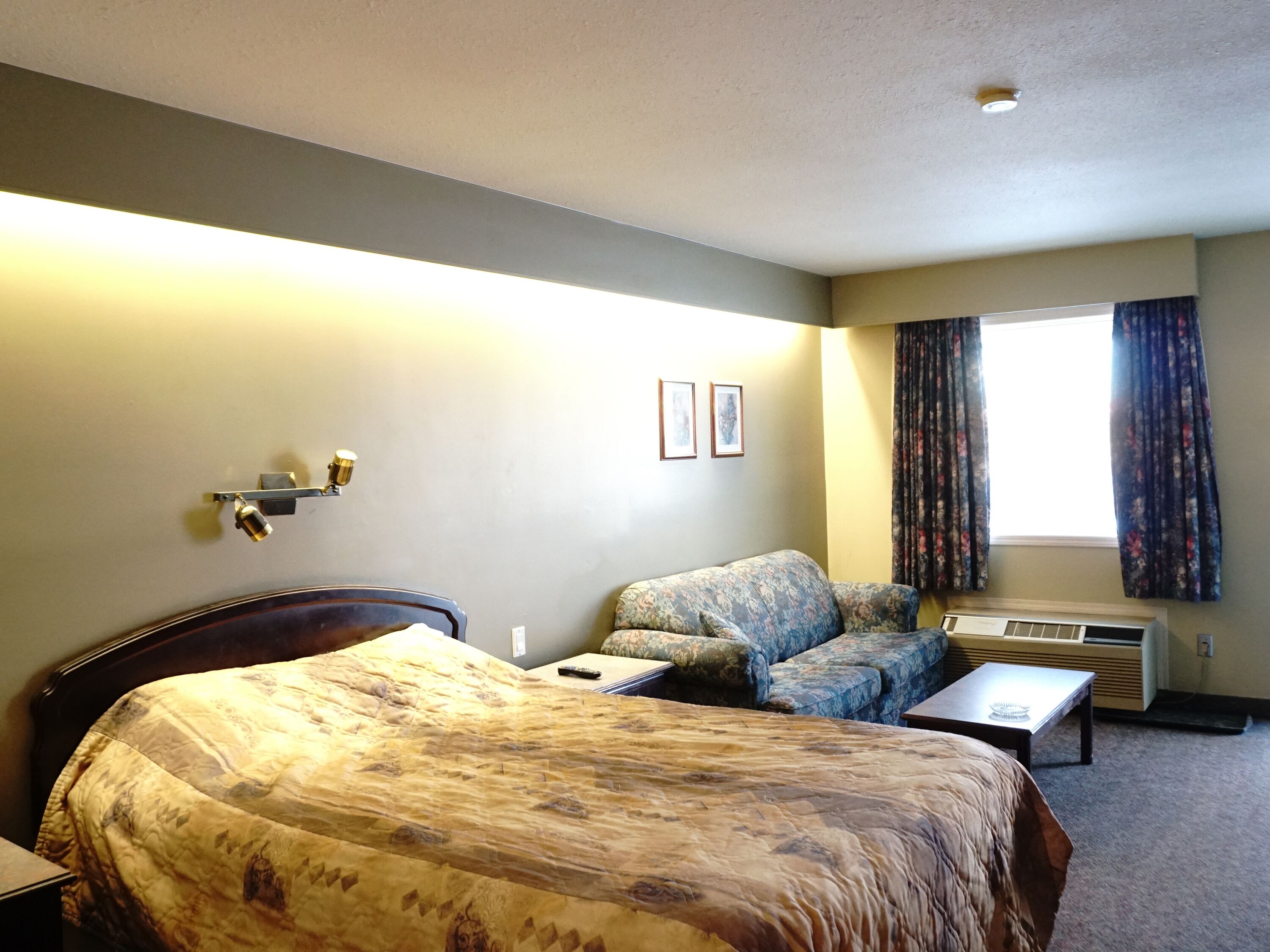 A hotel room with a bed, a sofa, a small table, a window with curtains, and a wall-mounted heater.