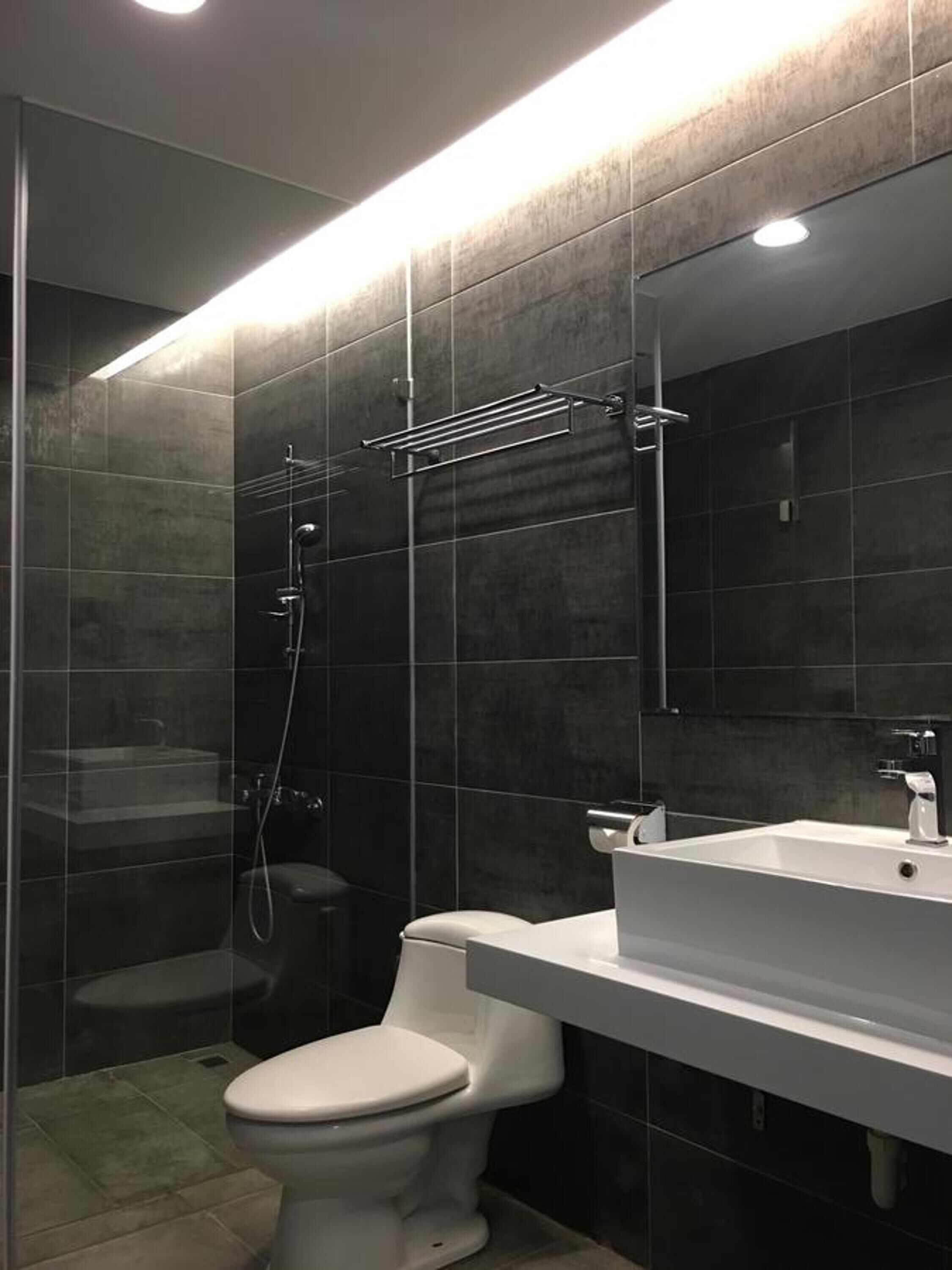 A modern bathroom with a glass-enclosed shower, a white toilet, and a large mirror above a white sink.