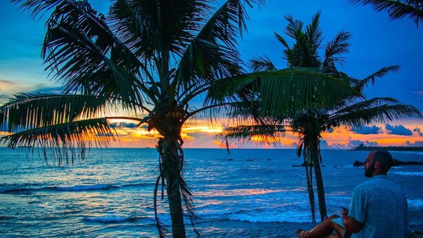 A beach scene with palm trees and a sunset. - Nooit Gedacht Holiday Resort (Unawatuna)