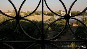 A view through ornate metal bars with a landscape of greenery and distant buildings. - Auberg-Inn Guesthouse (Jericho)