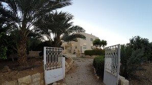 A gated entrance with a gravel path leading to a building with a stone wall and palm trees. - Auberg-Inn Guesthouse (Jericho)
