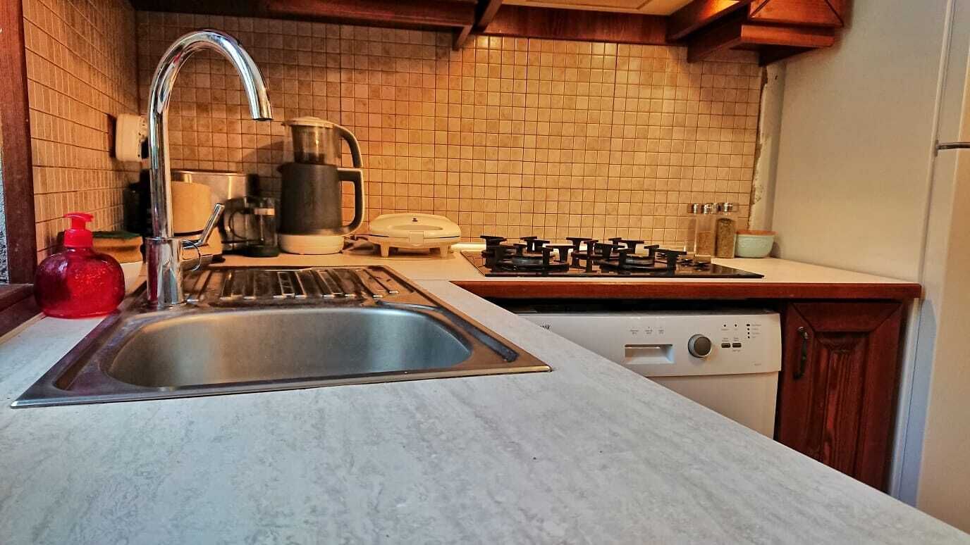 Una cocina con un lavaplatos de acero inoxidable, una estufa a gas, una cafetera y un lavavajillas.