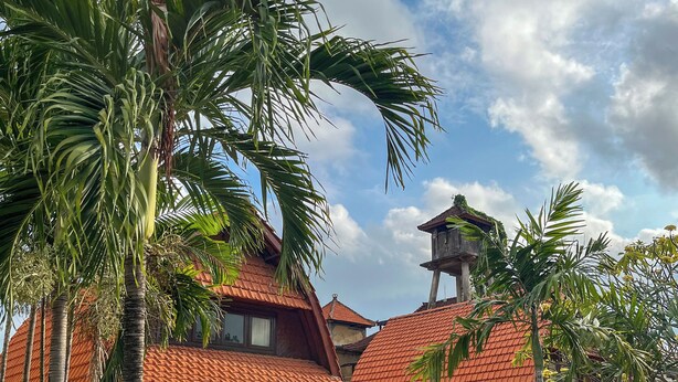 A traditional house with a tiled roof, surrounded by palm trees and a grassy area. - Suji Bungalow (Kuta)