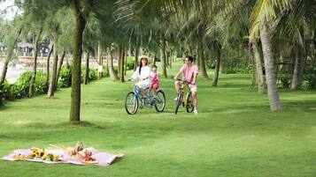 A grassy area with trees and a picnic setup.