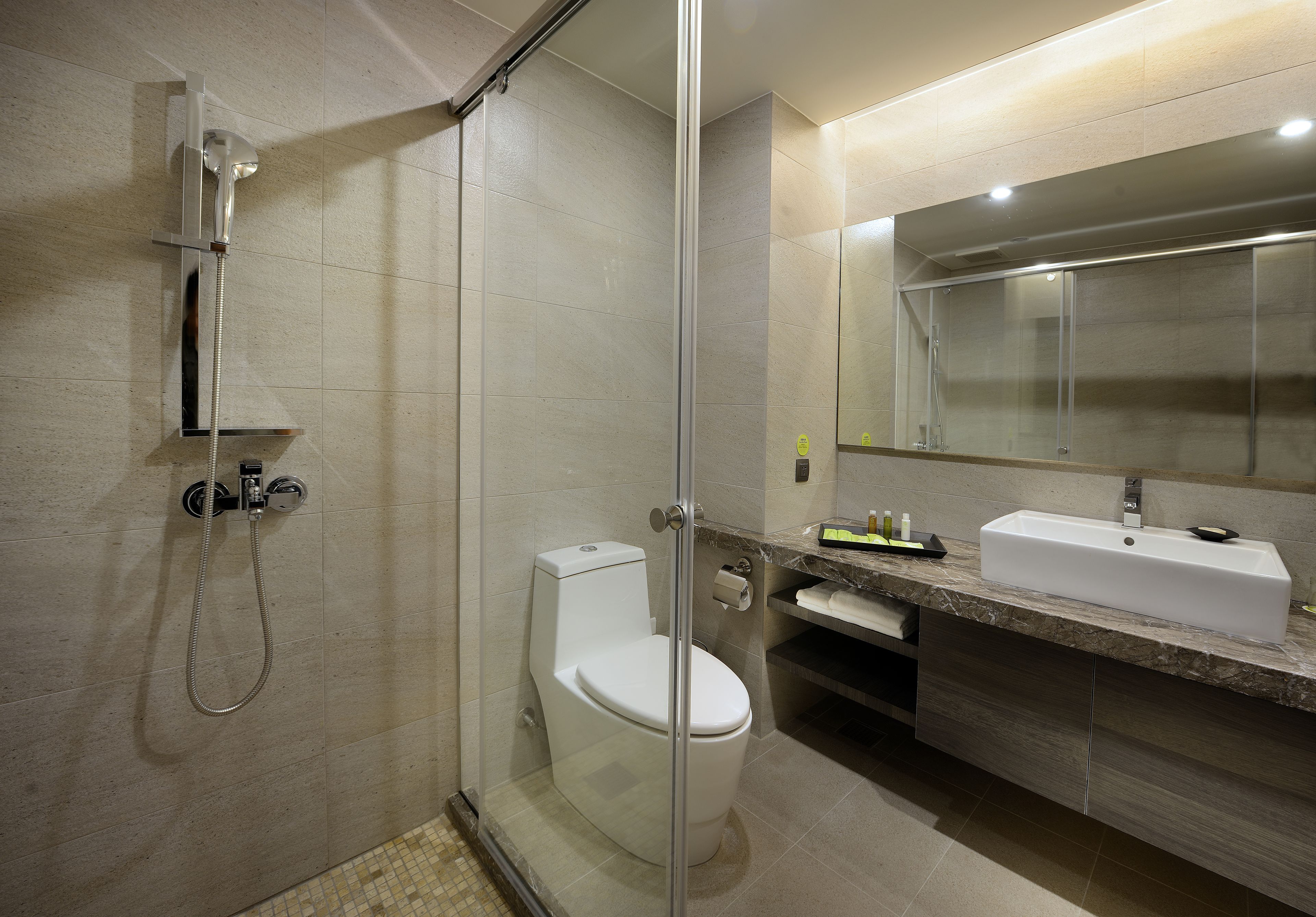 A modern bathroom with a glass-enclosed shower, a toilet, and a sink with a mirror above it.