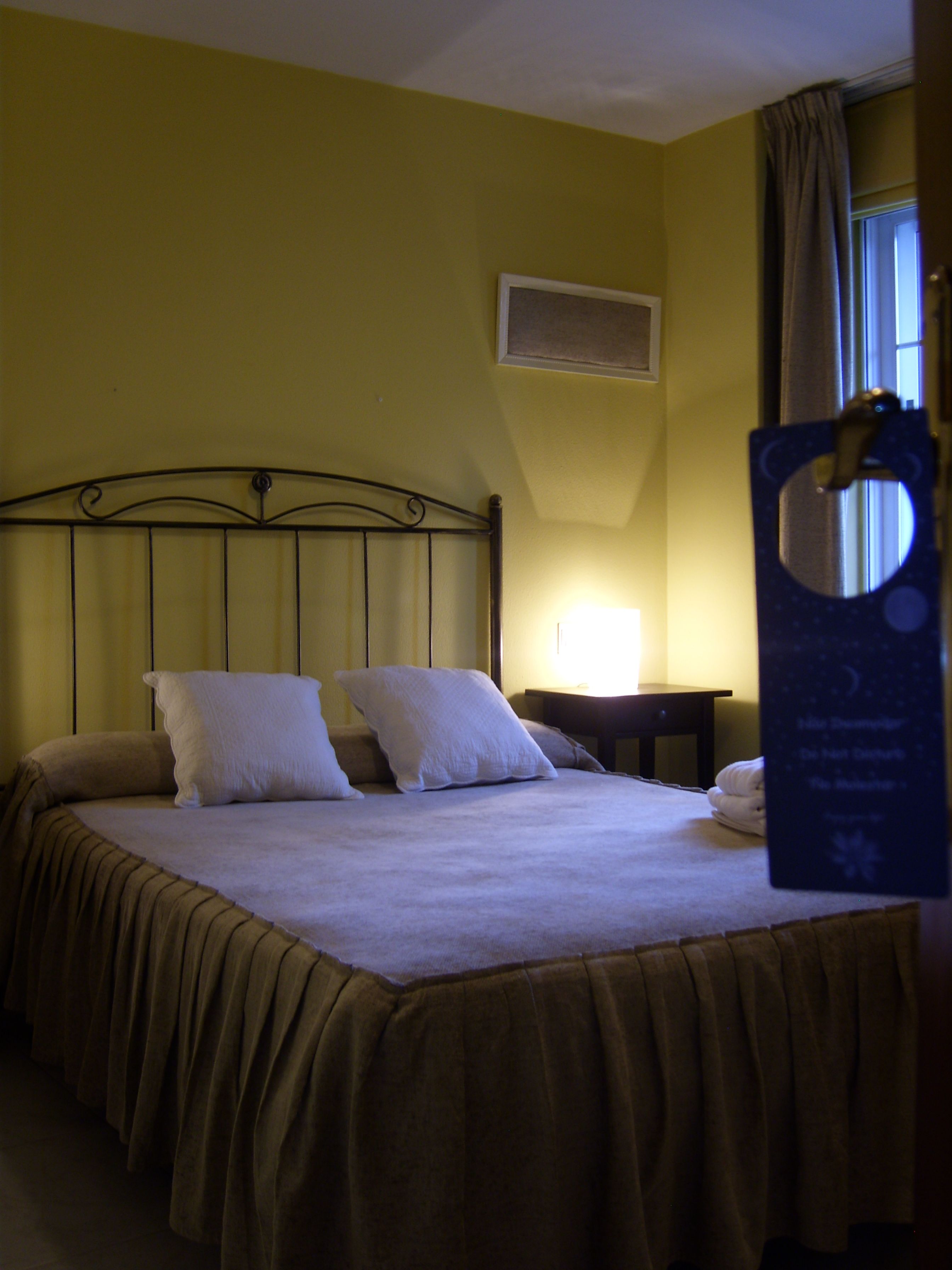A single bed with a headboard, two pillows, and a bedside table with a lamp.