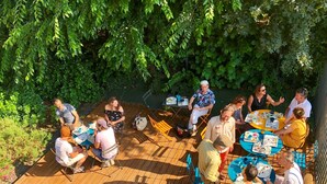 A group of people seated at round tables on a wooden deck surrounded by greenery. - Unisotel Le Mans (Le Mans)