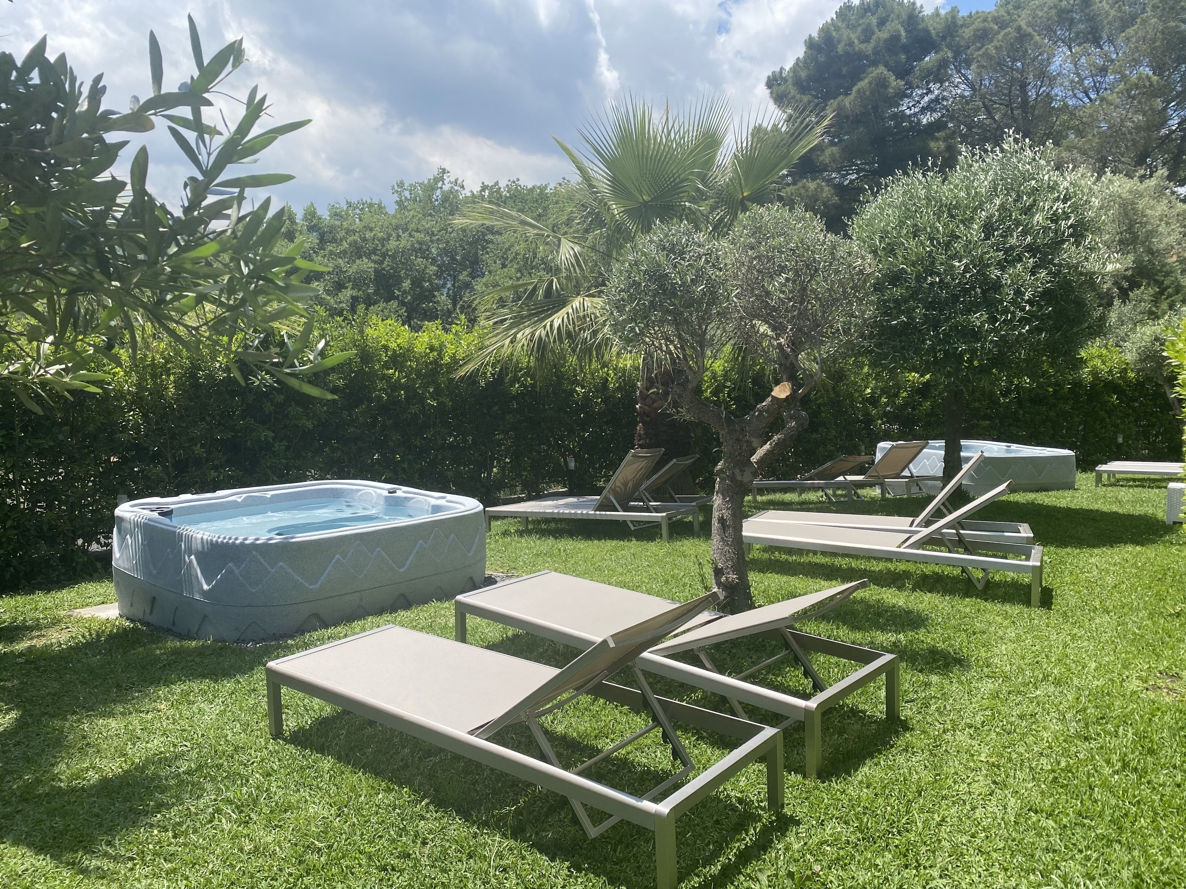 A backyard with a hot tub, lounge chairs, and a small tree.