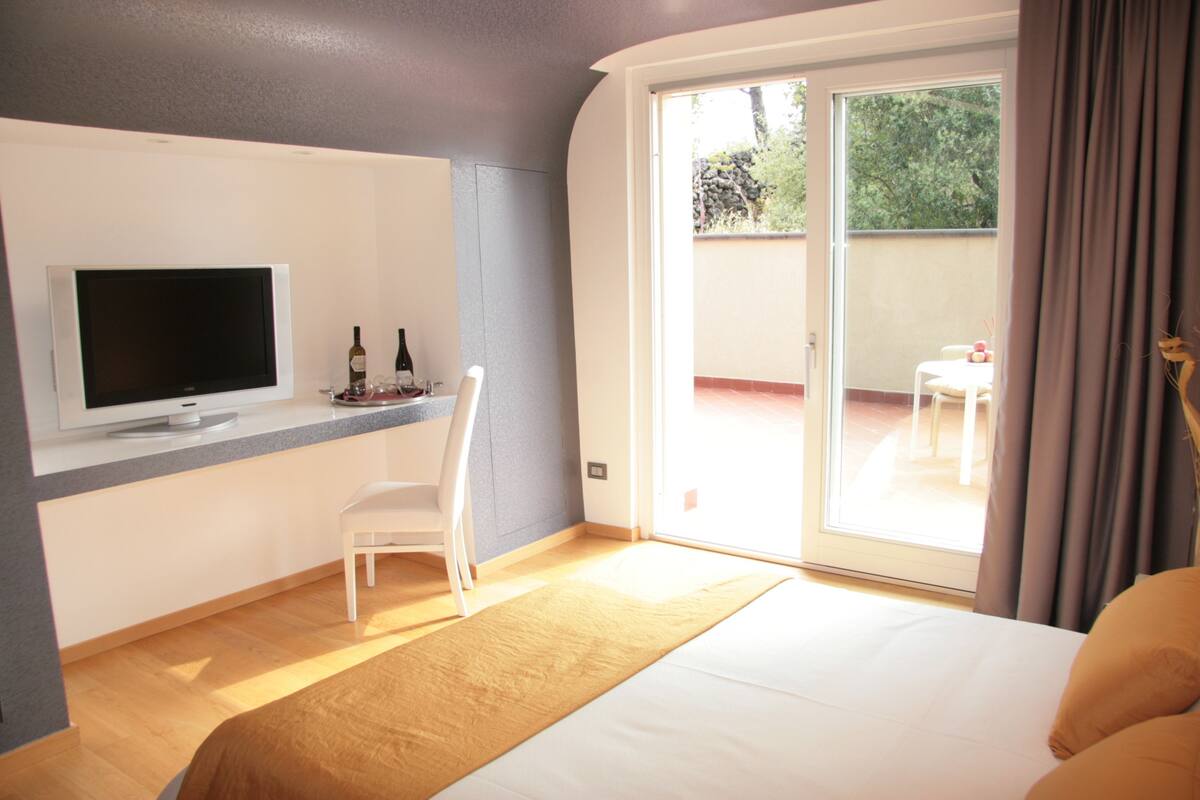 A hotel room with a bed, a TV, a desk with a chair, and a sliding glass door to an outdoor area.
