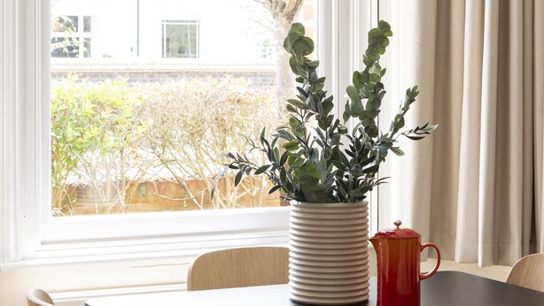 Un comedor con una mesa, sillas, una planta en maceta y una jarra roja.