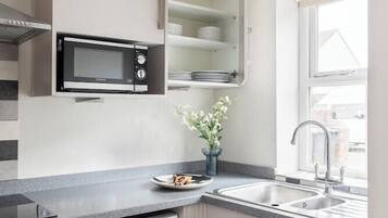 Full-size fridge, microwave, oven, stovetop