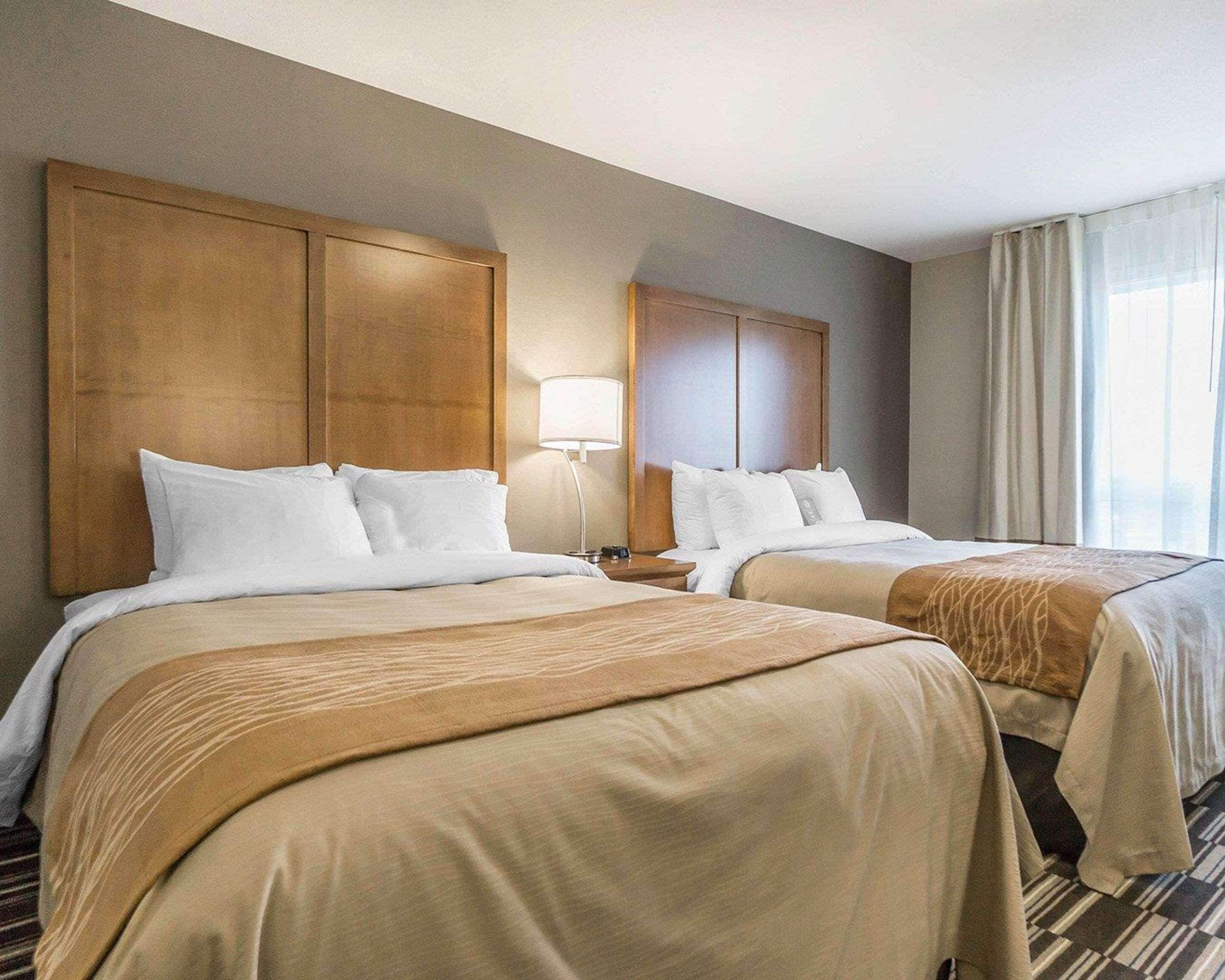 Habitación de hotel con dos camas, cabeceros de madera, una lámpara de noche y una ventana con cortinas.