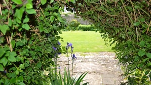 A stone pathway leading through a lush garden with green foliage and purple flowers. - The Queen Hotel (Olney)