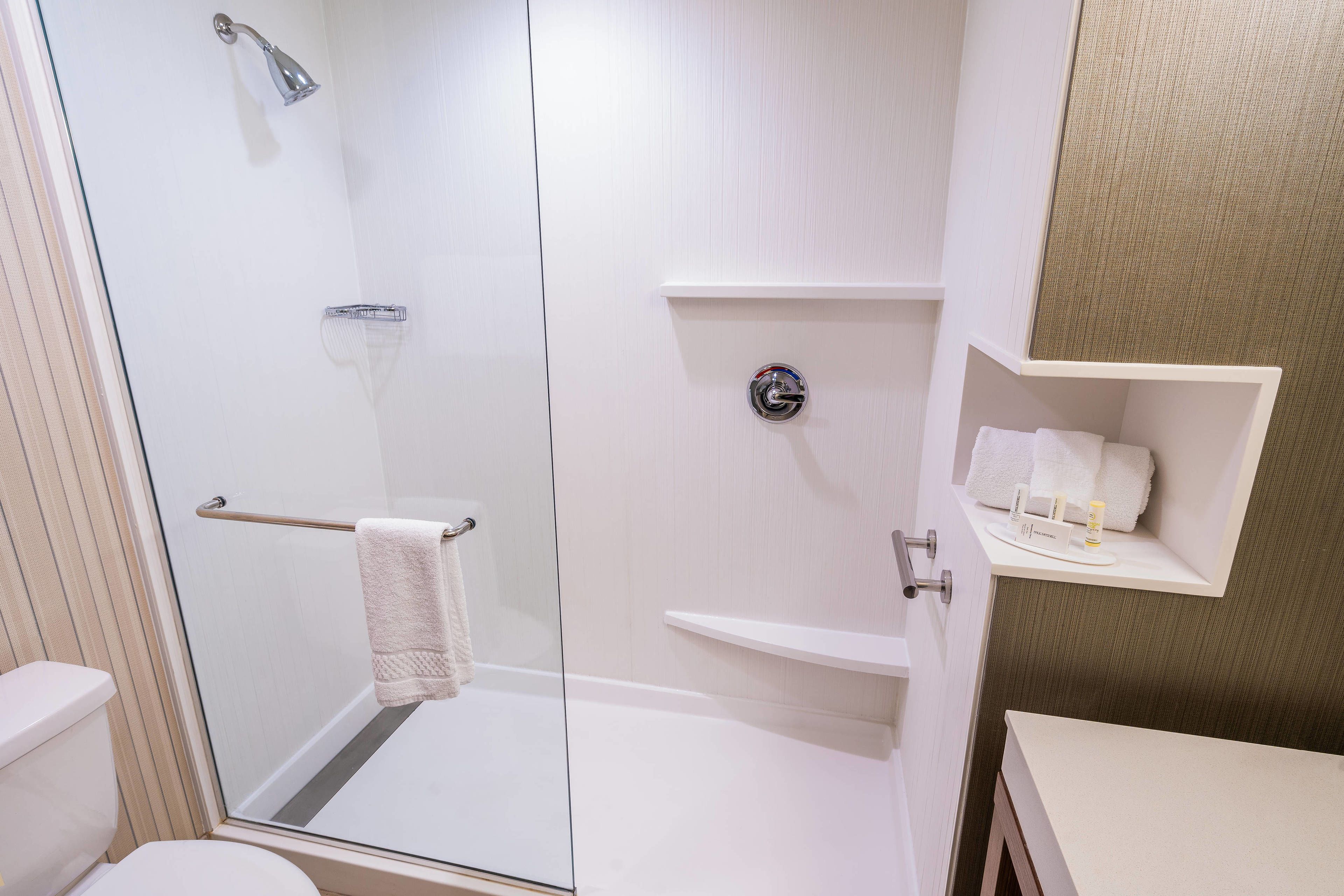 combined shower/bathtub, free toiletries, hair dryer, towels