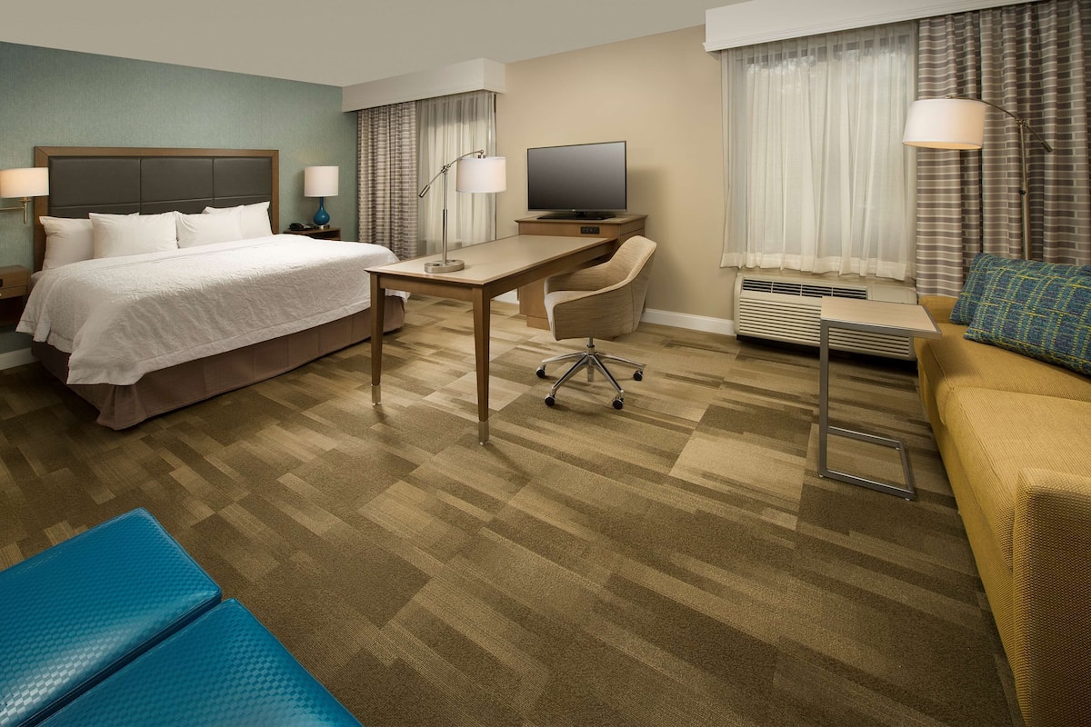 A hotel room with a bed, desk, chair, TV, and a sofa.