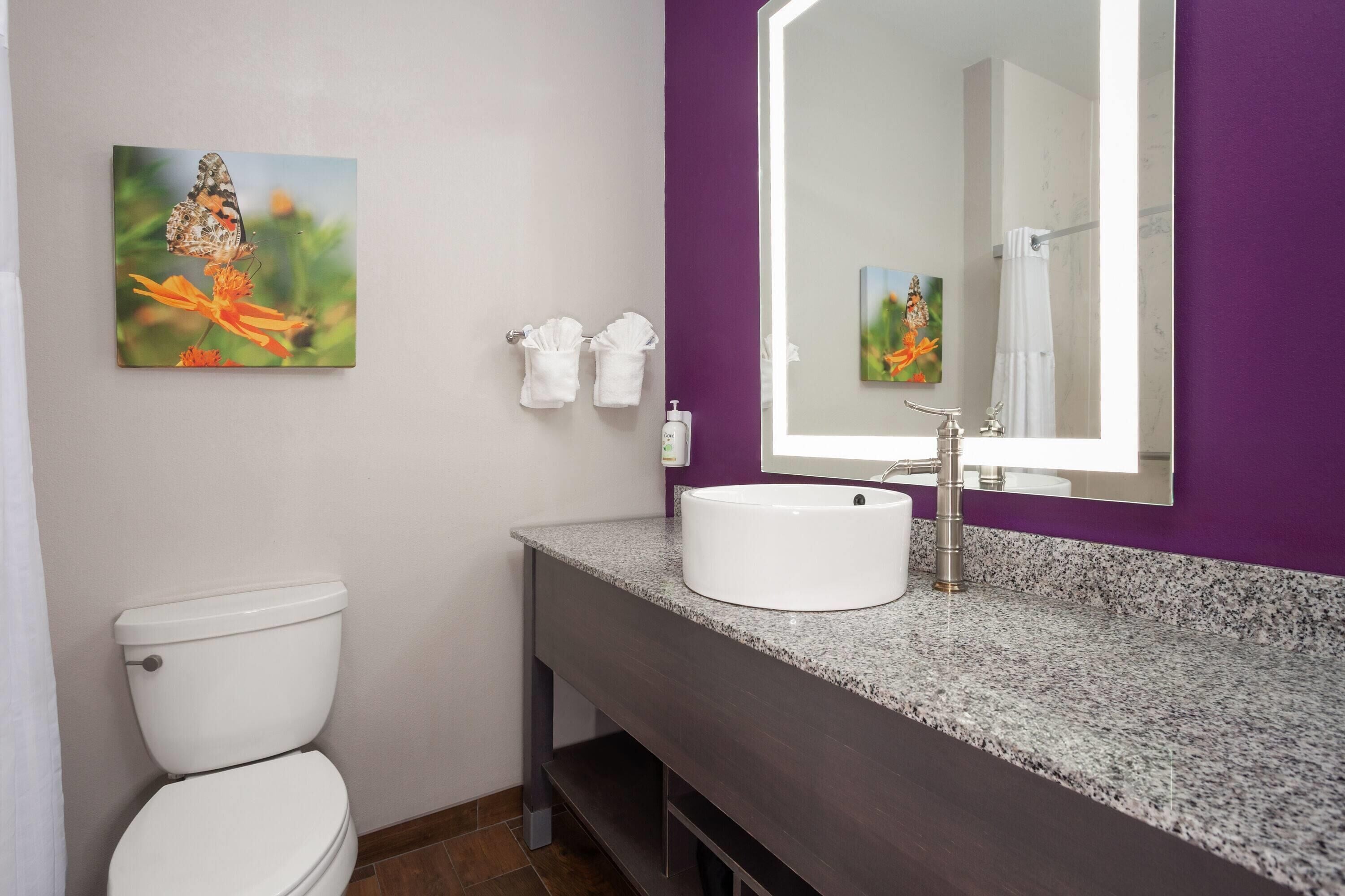 A bathroom with a white toilet, a granite countertop, a white sink, a large mirror, and two wall-mounted towels.