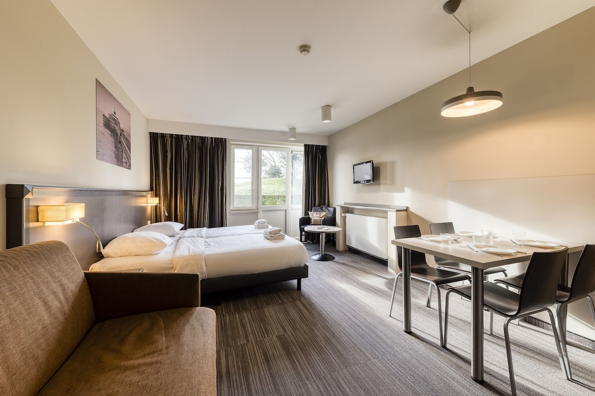 Une chambre d’hôtel comprenant un lit, un canapé, une table à manger avec des chaises, une télévision et une fenêtre avec des rideaux.