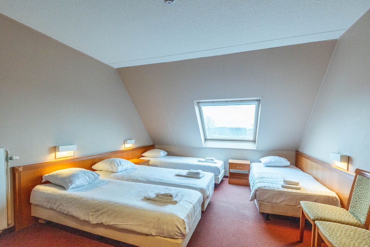 Une chambre d’hôtel avec trois lits, une petite fenêtre et une chaise.