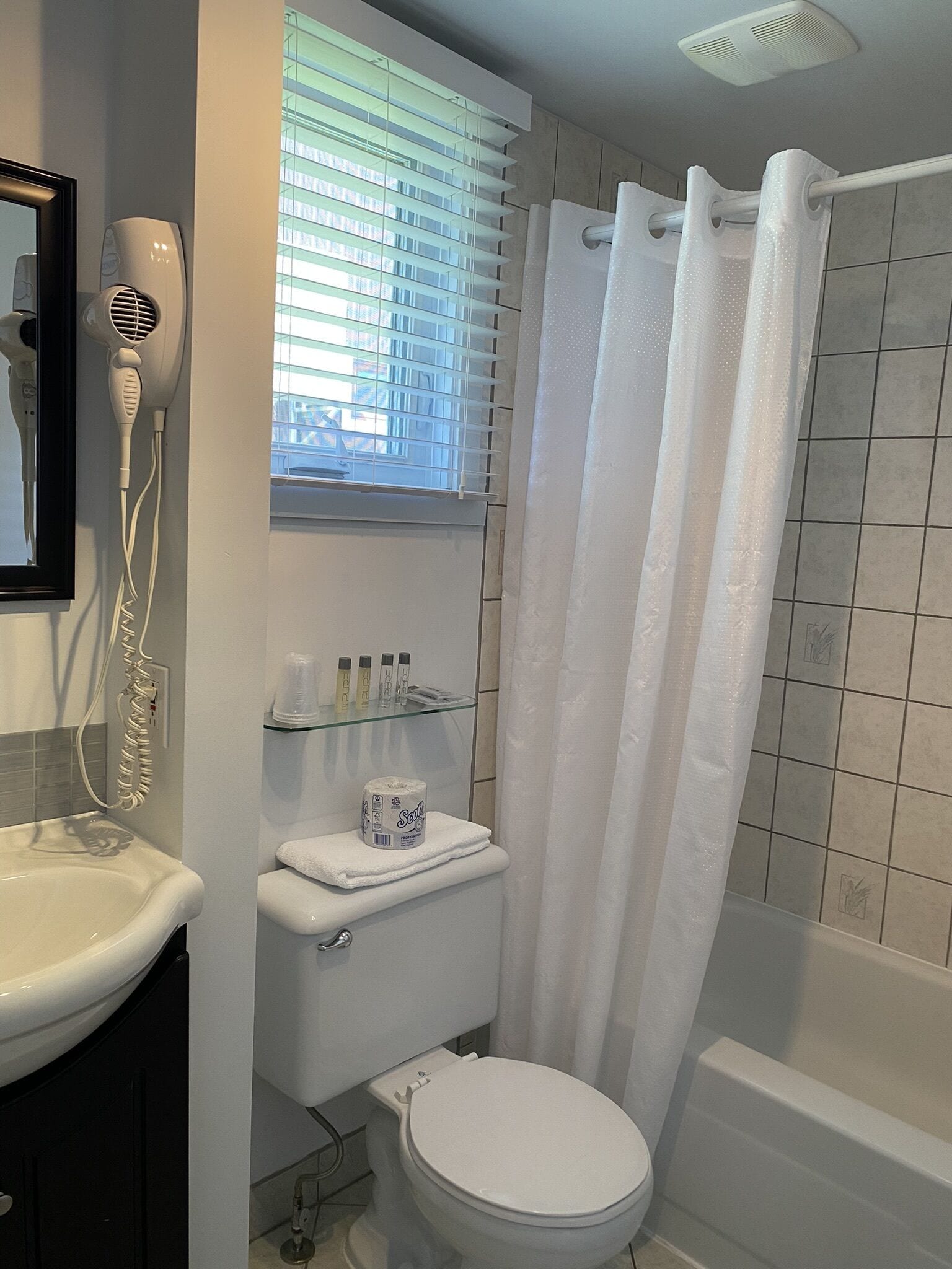 Un bagno con il water, un lavandino, un asciugacapelli e una tenda per la doccia.