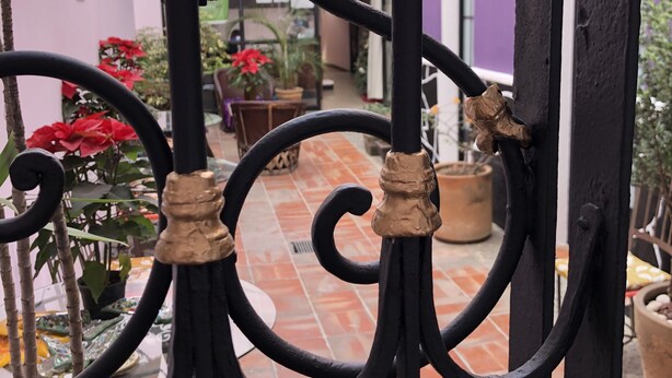Un patio con una puerta de hierro forjado, plantas en macetas y suelo de baldosas.