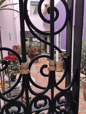 A courtyard with a wrought iron gate, potted plants, and a tiled floor. - Olga Querida Hostal - Hostel (Guadalajara)