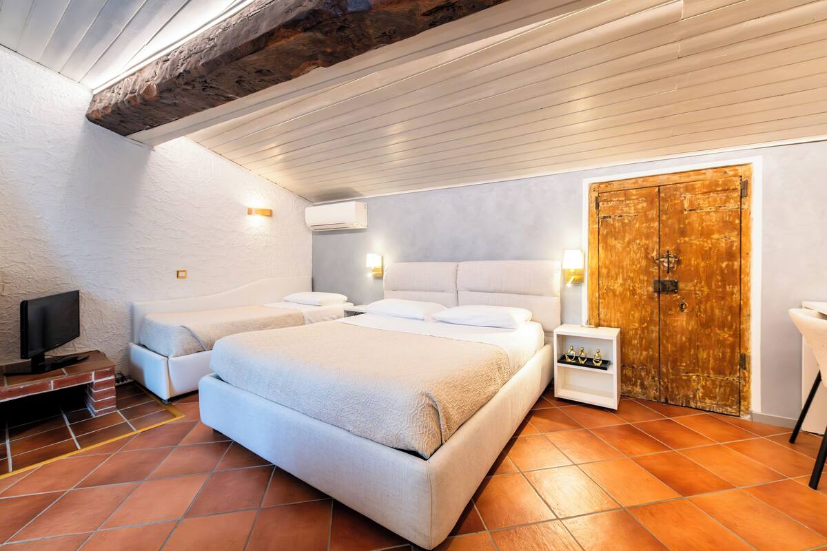 A bedroom with a large bed, a television, a wooden door, and a small shelf with items.
