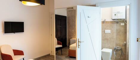 A hotel room with a bed, a TV, a chair, a door leading to a bathroom, and a shower.