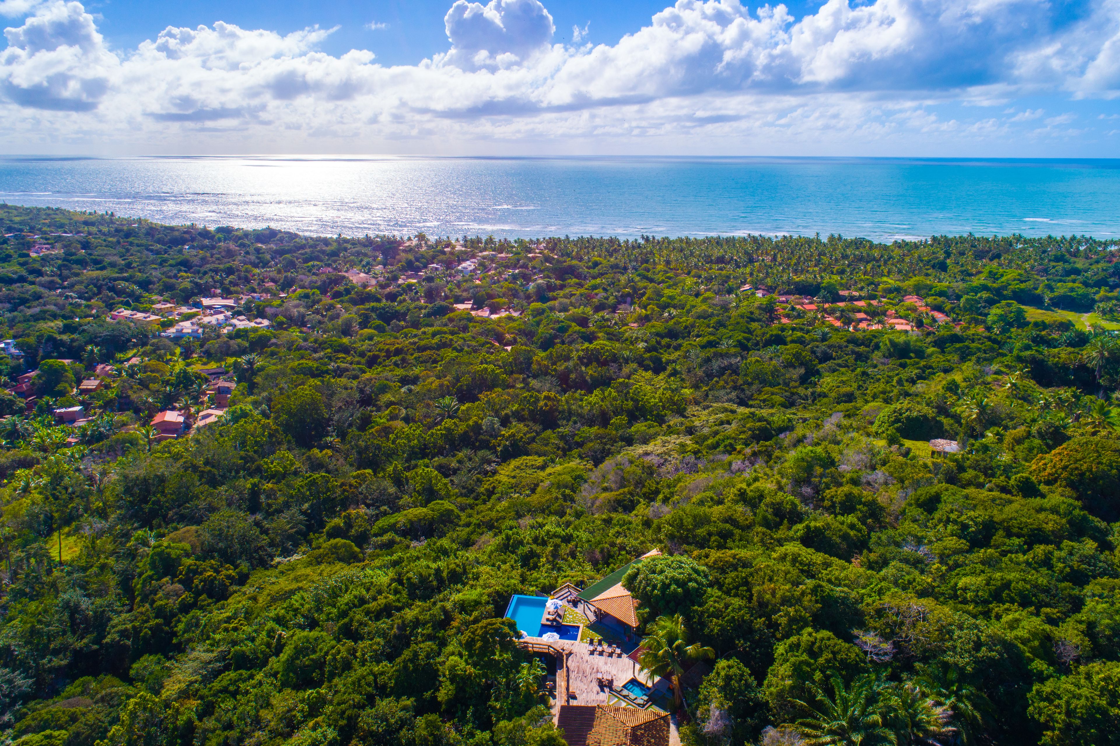 An aerial view of a coastal area with dense greenery, a swimming pool, and a view of the sea.