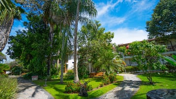 A courtyard with a cobblestone path, palm trees, and a building with a red roof.