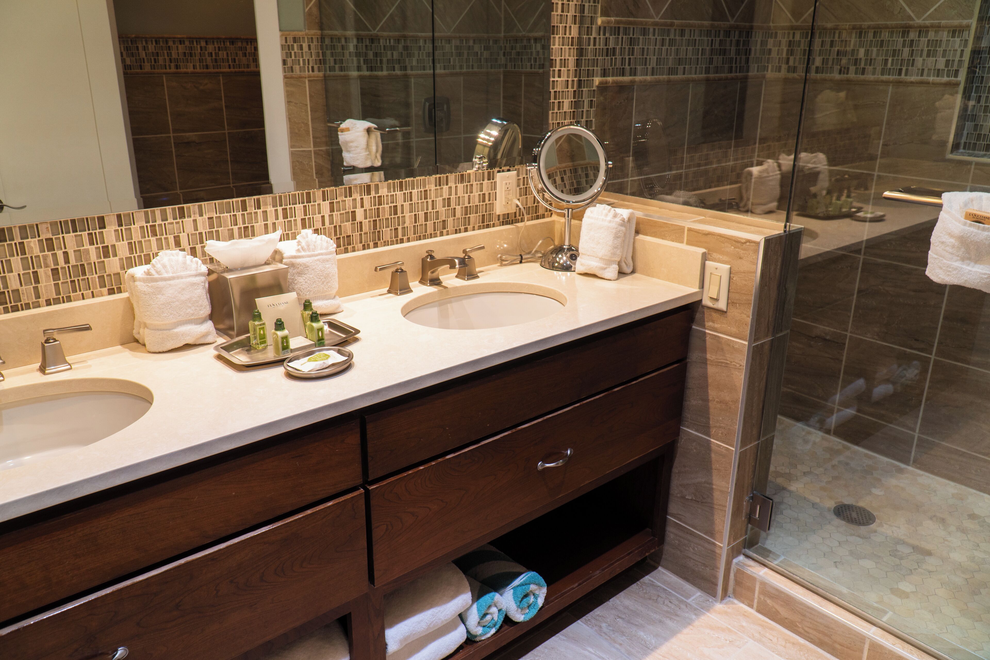 luxury cabin | bathroom | shower, hair dryer, bathrobes, slippers