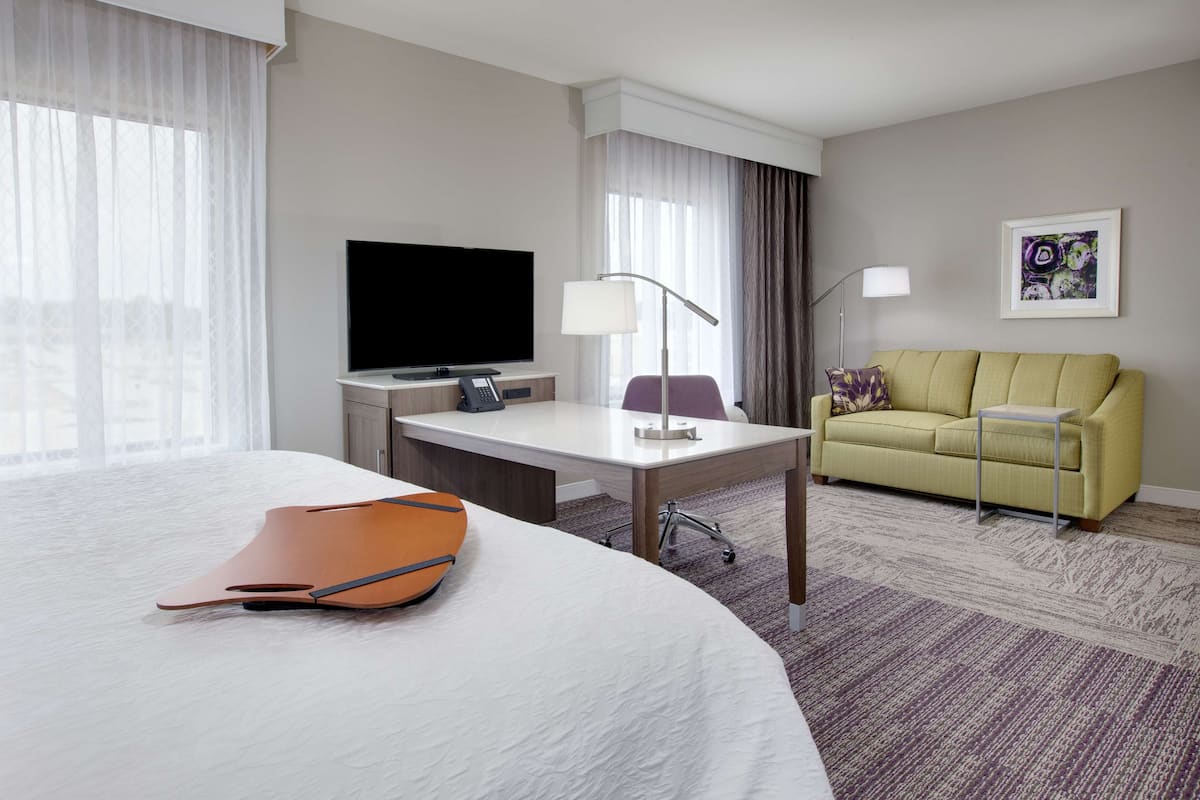 A hotel room with a large bed, a desk with a flat-screen TV, a sofa, and a framed picture on the wall.