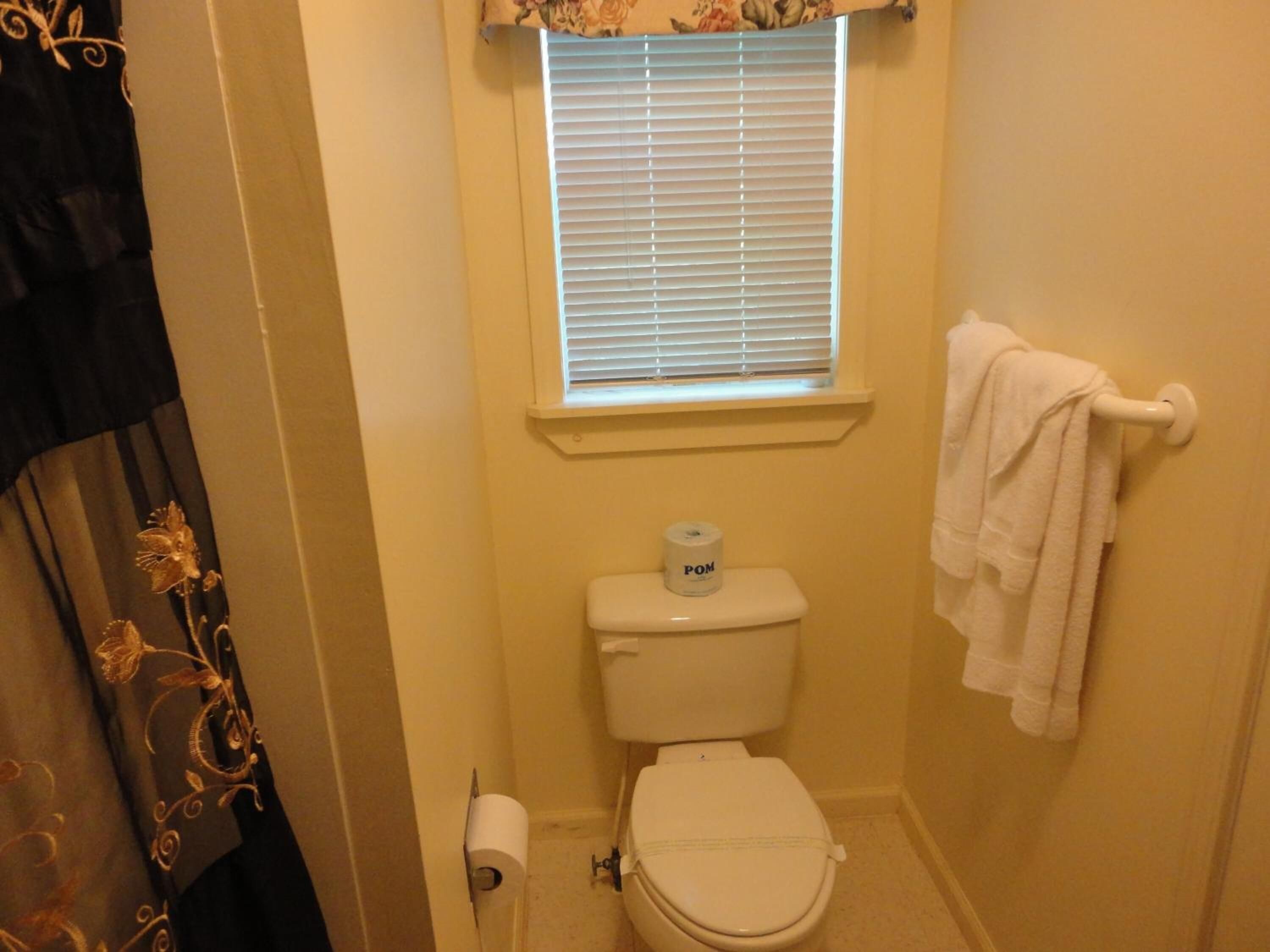 A small bathroom with a toilet, a roll of toilet paper, a window with blinds, and a towel rack.