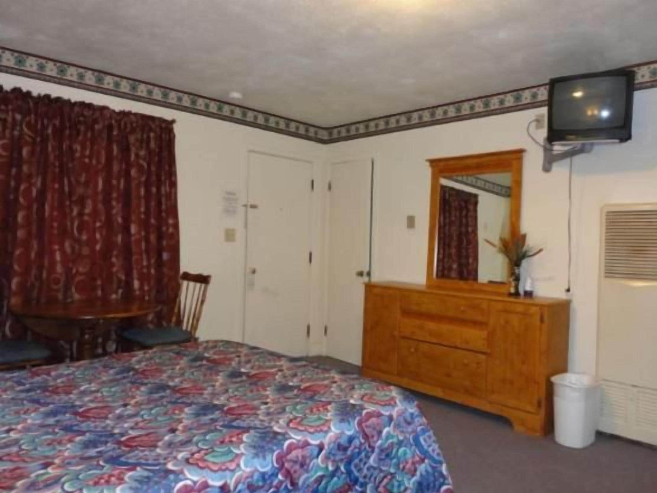 A bedroom with a bed, dresser, mirror, television, and a waste basket.