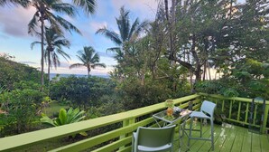 A green deck with two chairs and a table, overlooking a lush garden and the ocean. - Ma'ukele Lodge (Pahoa)