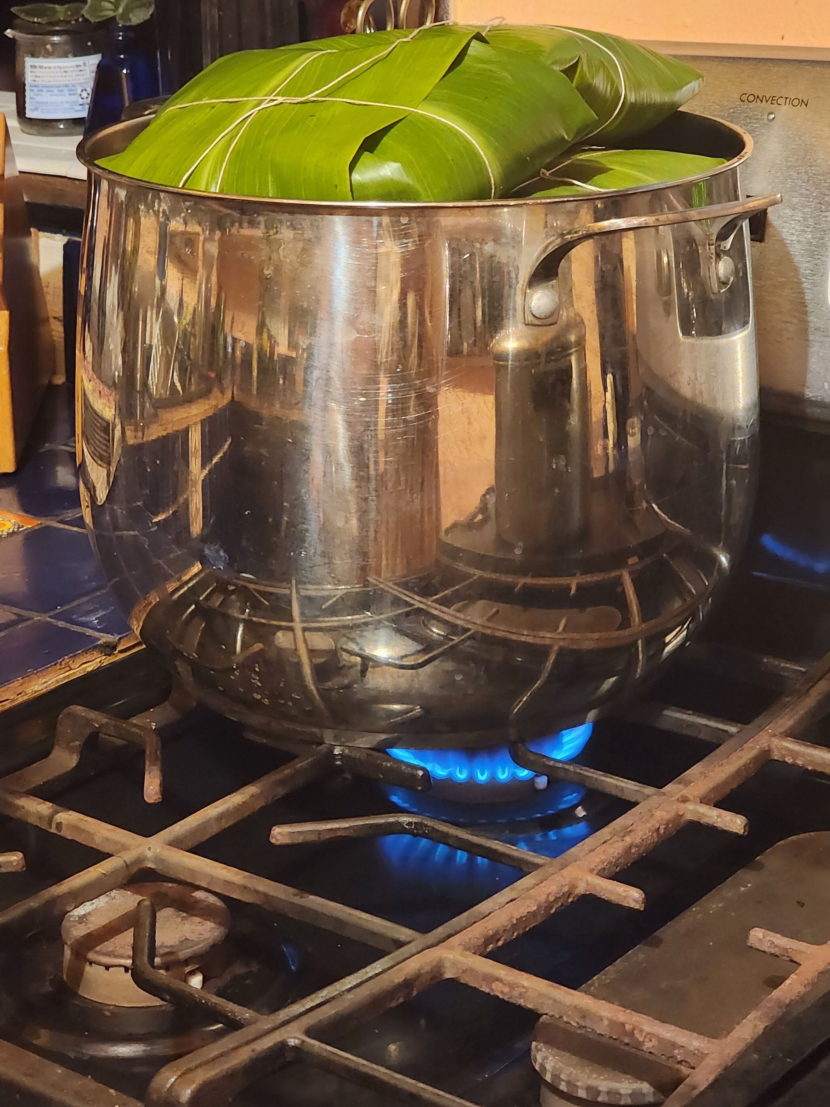 Een roestvrijstalen pan op een gasfornuis met een blauwe vlam.