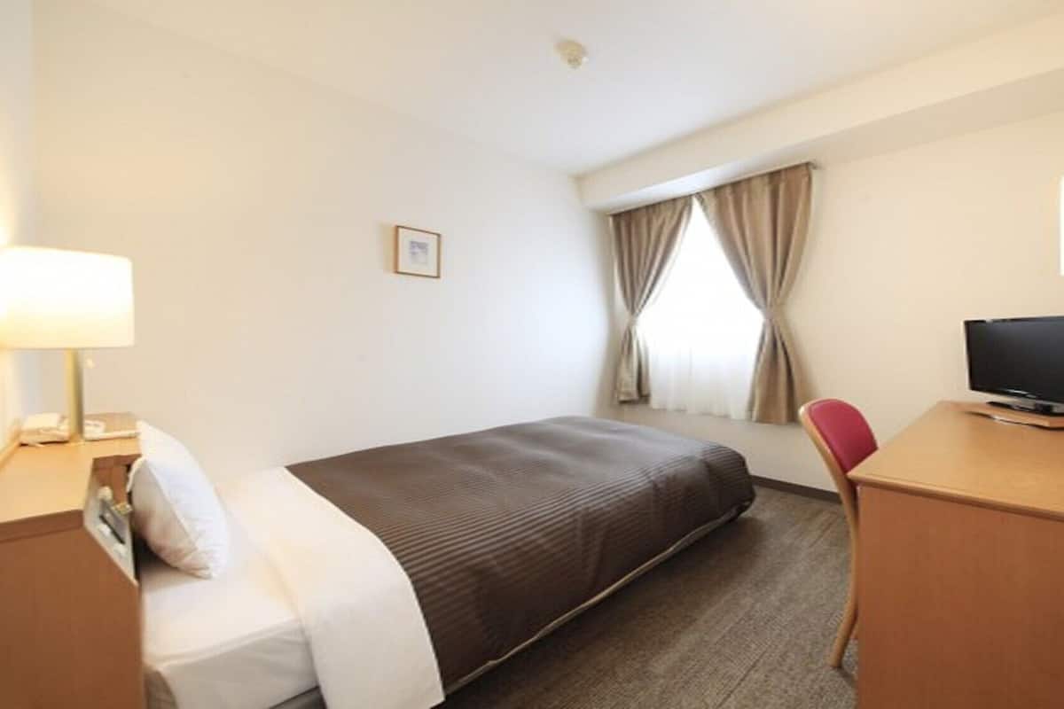 Une chambre d’hôtel avec un lit, un bureau avec une télévision, une chaise, une fenêtre avec des rideaux et un petit tableau au mur.