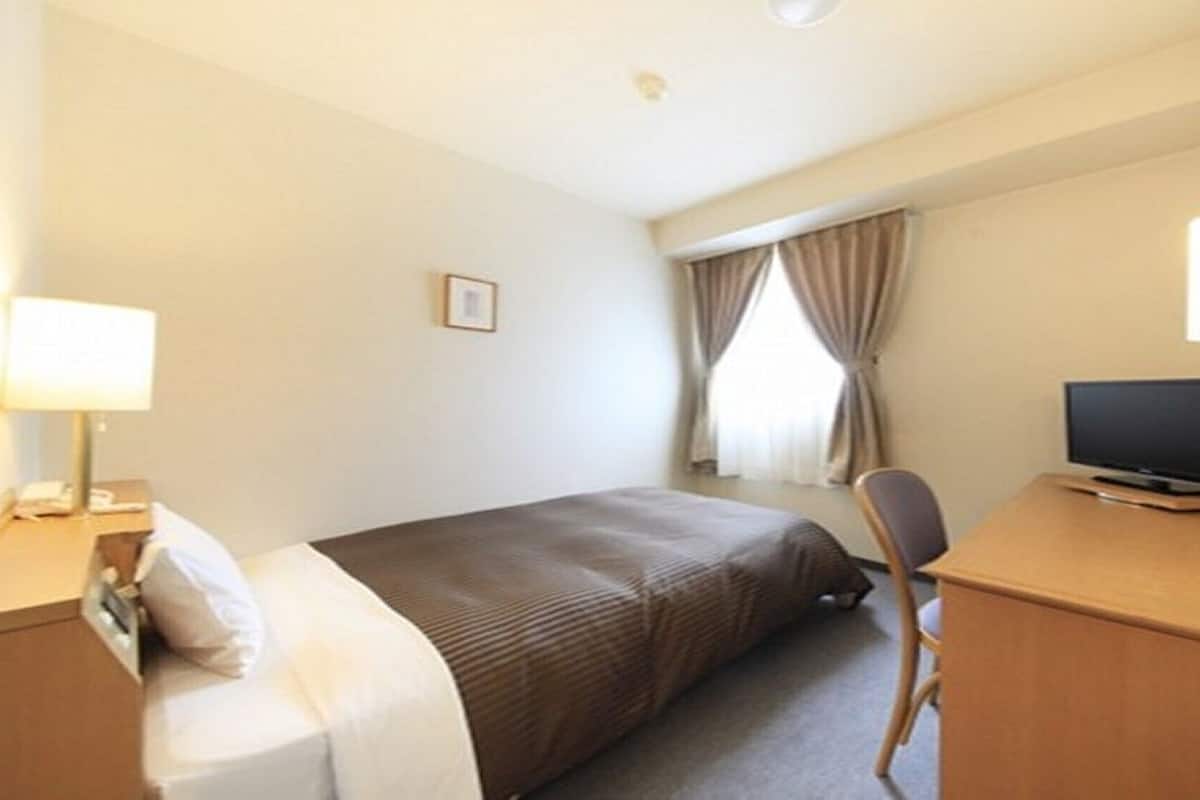 A hotel room with a bed, a desk with a TV, a chair, a lamp, and a window with curtains.