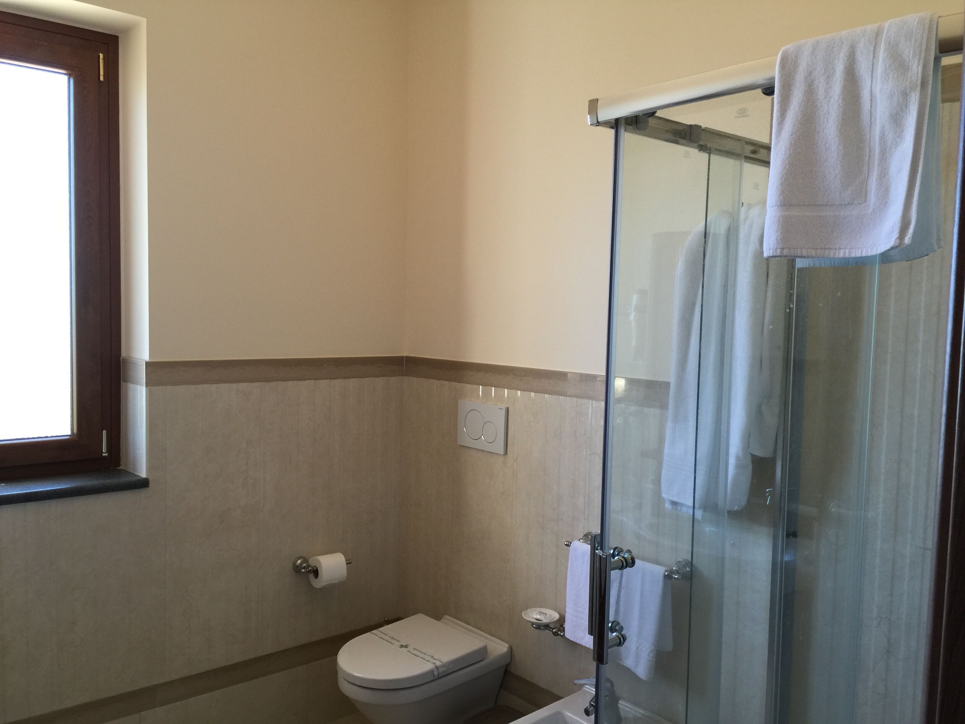 A bathroom with a toilet, a glass shower enclosure, and a towel rack.
