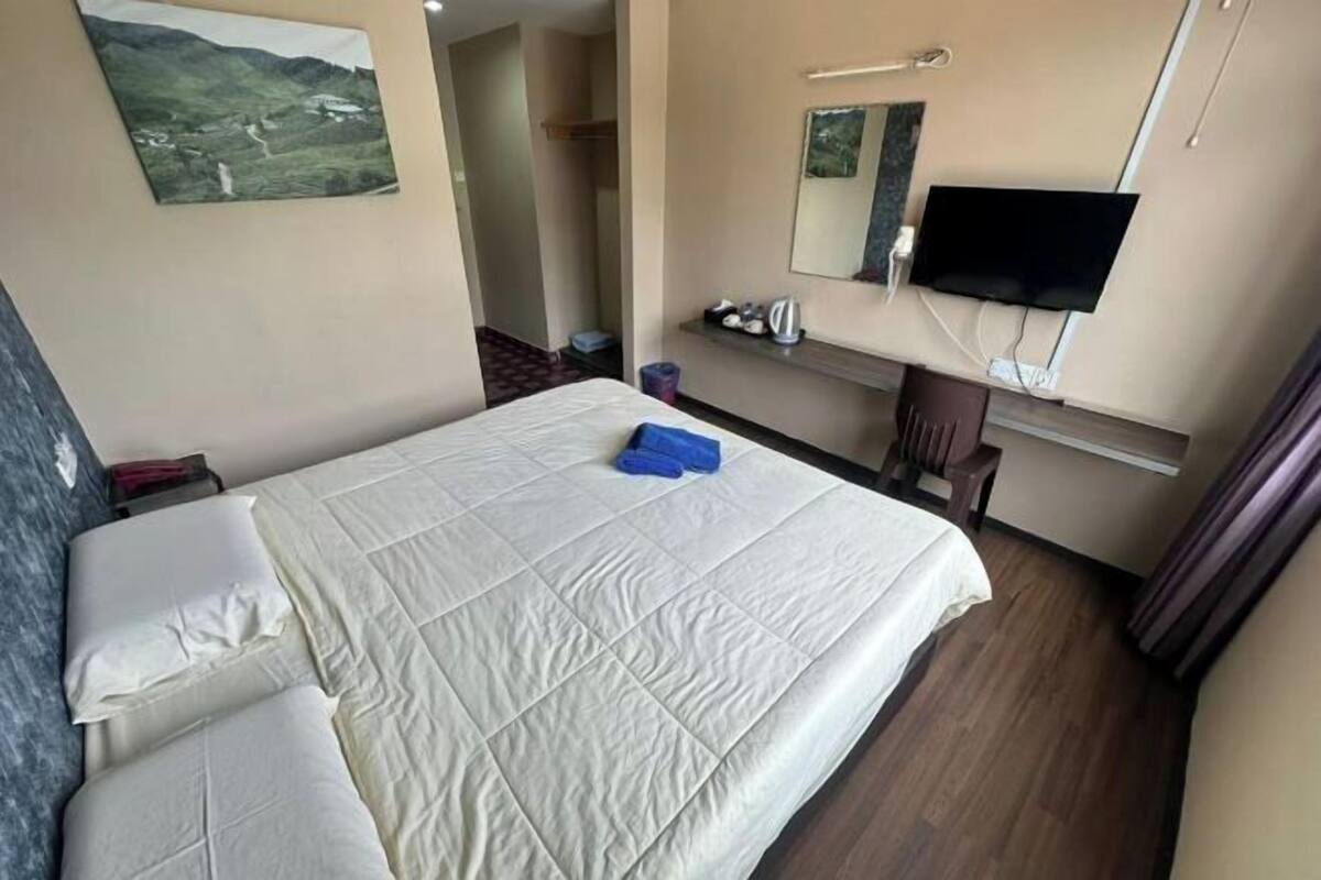 Une chambre d’hôtel avec un lit, un bureau, une chaise, une télévision et un tableau au mur.