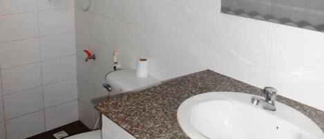 A bathroom with a white toilet, a sink with a granite countertop, a handheld showerhead, and a towel rack.