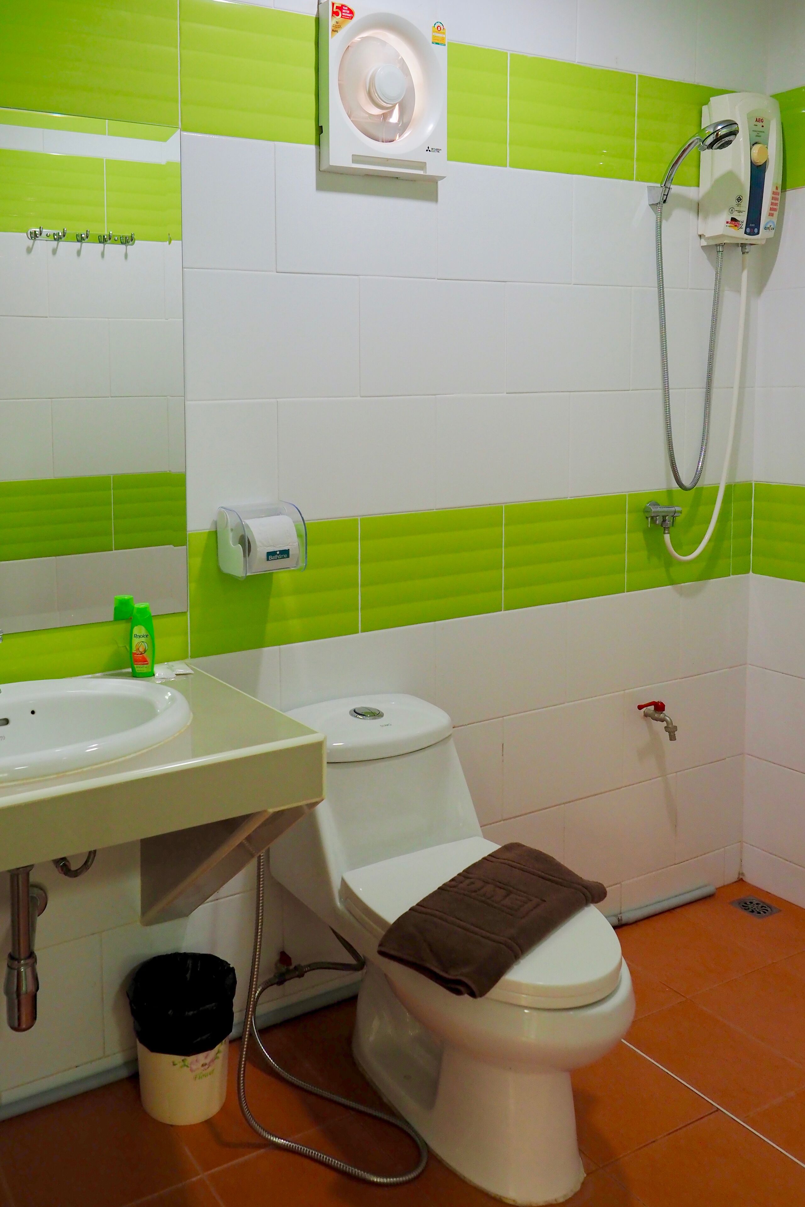 Une salle de bain avec un lavabo, des toilettes et une douche.