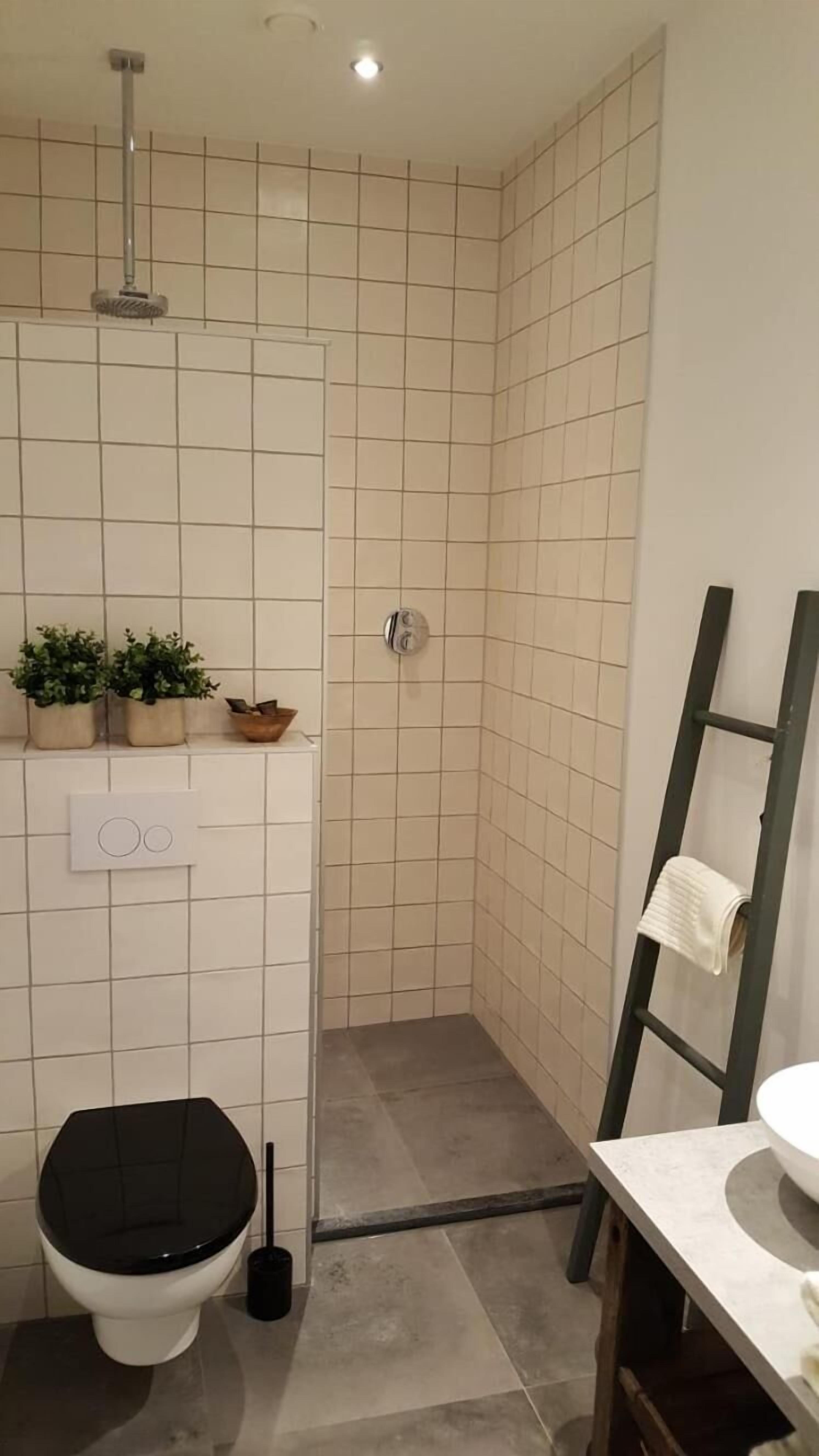 Un bagno con toilette, bidet e zona doccia.