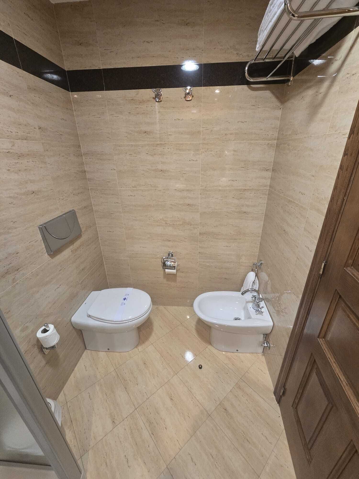 Een badkamer met twee toiletten, een wastafel, een handdoekhouder en een toiletrolhouder.