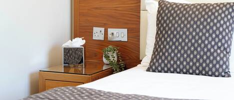 Una cama bien hecha con un almohadón estampado, una mesita de noche con un dispensador de pañuelos y una pequeña planta en maceta.